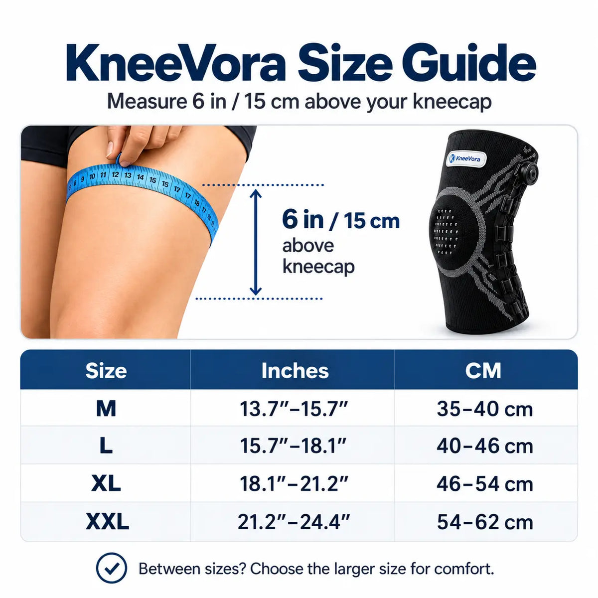 Knee support brace size guide
